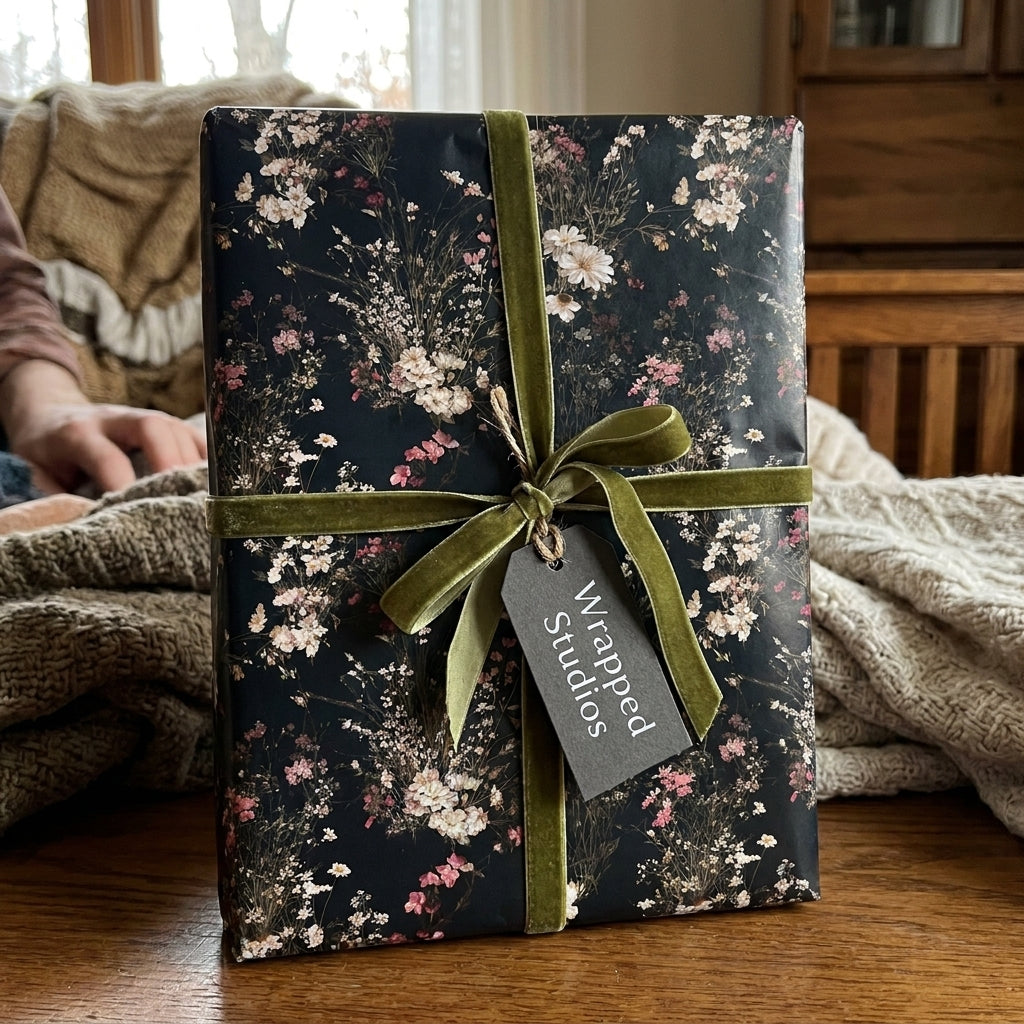 Vintage floral wrapping paper in a dark botanical print, tied with green velvet ribbon by Wrapped Studios.
