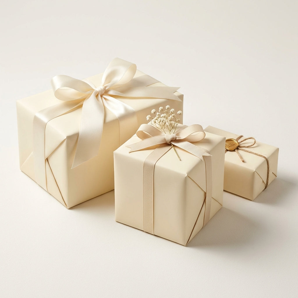 Three vanilla cream colored gift boxes with decorative ribbons on a light background