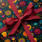 Floral wrapping paper on a gift box with a red ribbon. Perfect for a birthday or special occasion.