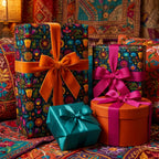 Colorful floral wrapping paper with velvet ribbons. Luxury gift wrap by Wrapped Studios.