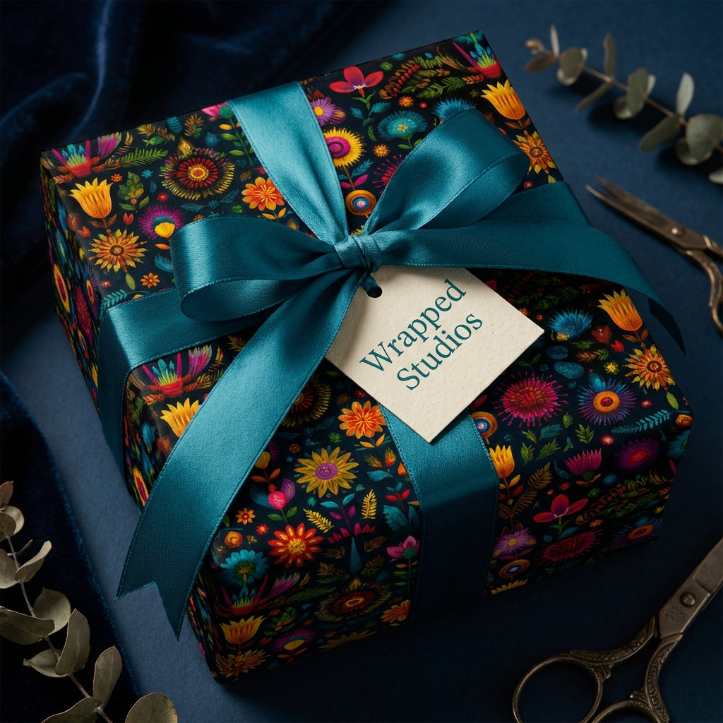 Wrapped Studios floral wrapping paper. A luxury gift wrap with teal ribbon on a square gift.