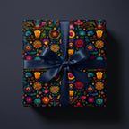 Wrapped gift in Wrapped Studios floral wrapping paper with blue satin bow.