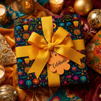 Elegant floral wrapping paper with a yellow ribbon on a square gift box; "Celebrate" tag.