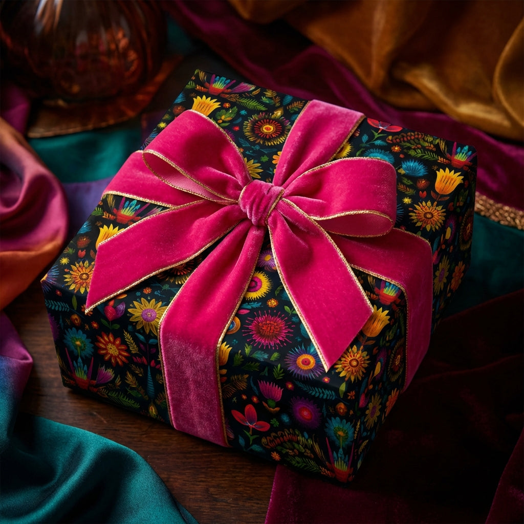 Wrapped square gift box with dark floral wrapping paper and velvet fuchsia bow.