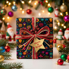 Christmas gift wrapped in floral wrapping paper with red twine and a "Merry & Bright" tag.