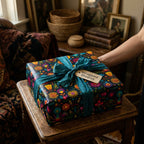 Wrapped Studios floral wrapping paper on a gift with a teal silk ribbon.