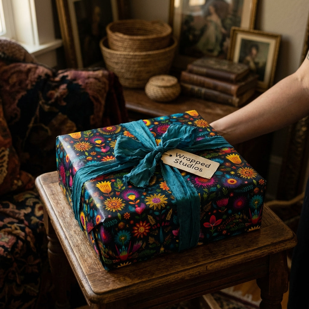 Wrapped Studios floral wrapping paper on a gift with a teal silk ribbon.