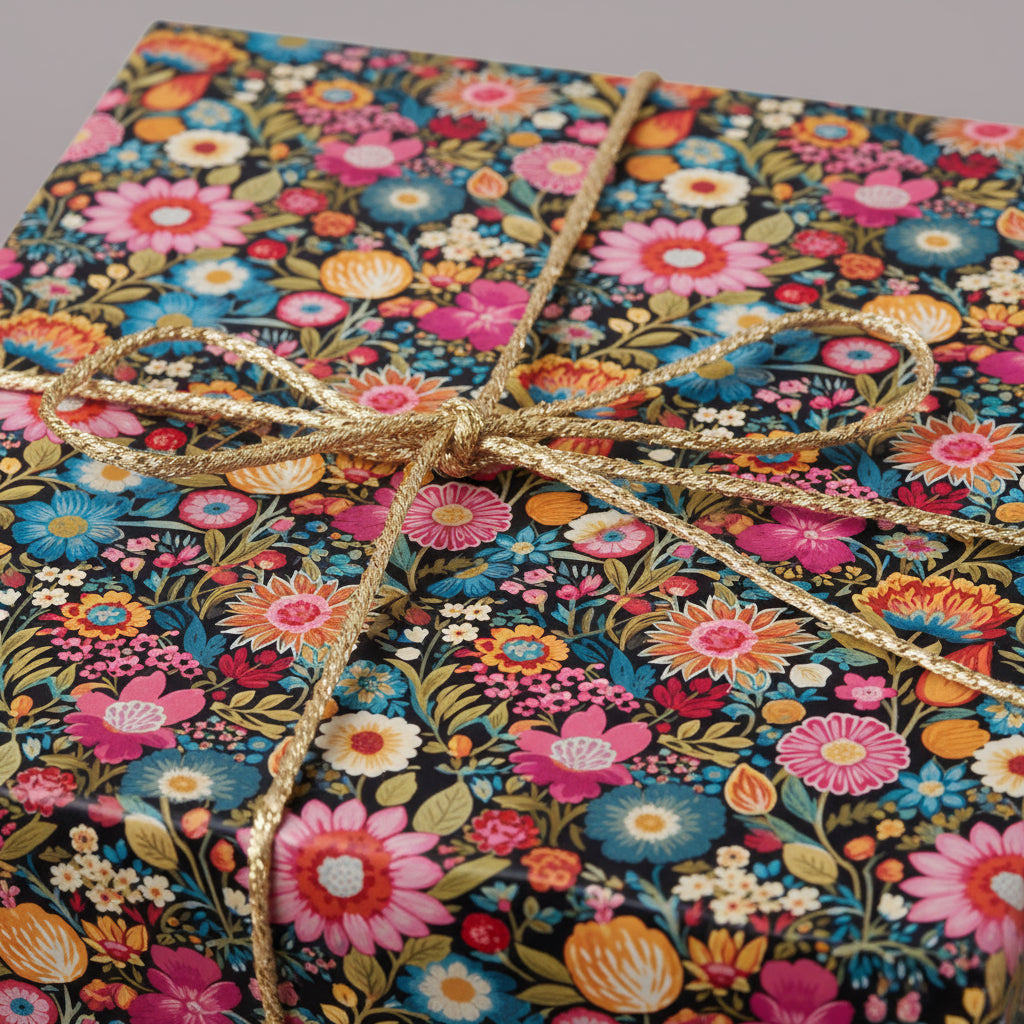 Close-up of a wrapped gift in colorful floral wrapping paper with gold rope ribbon.
