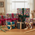 Gifts wrapped in floral wrapping paper with velvet ribbons for a birthday or special occasion.