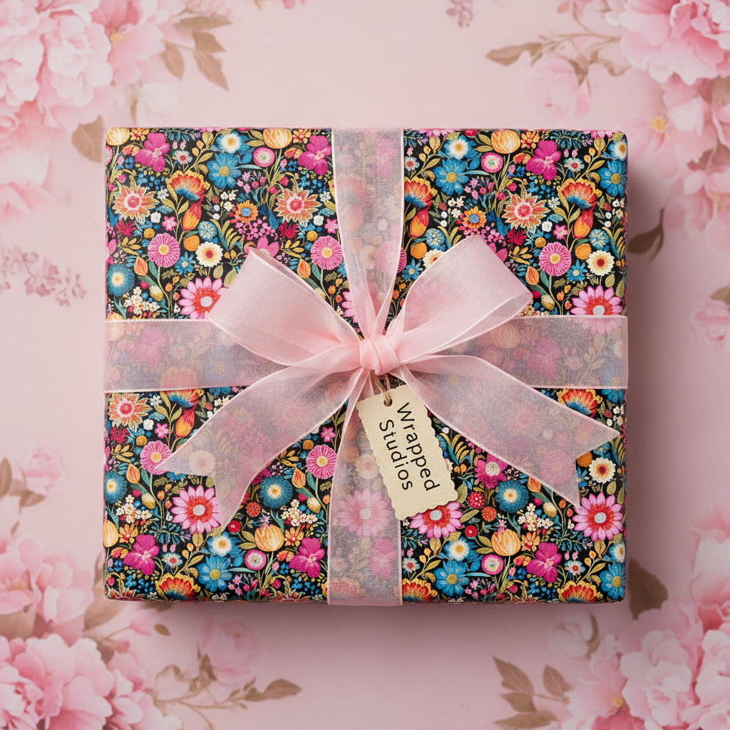 Square gift wrapped in colorful floral wrapping paper with pink ribbon and bow, perfect for birthdays.