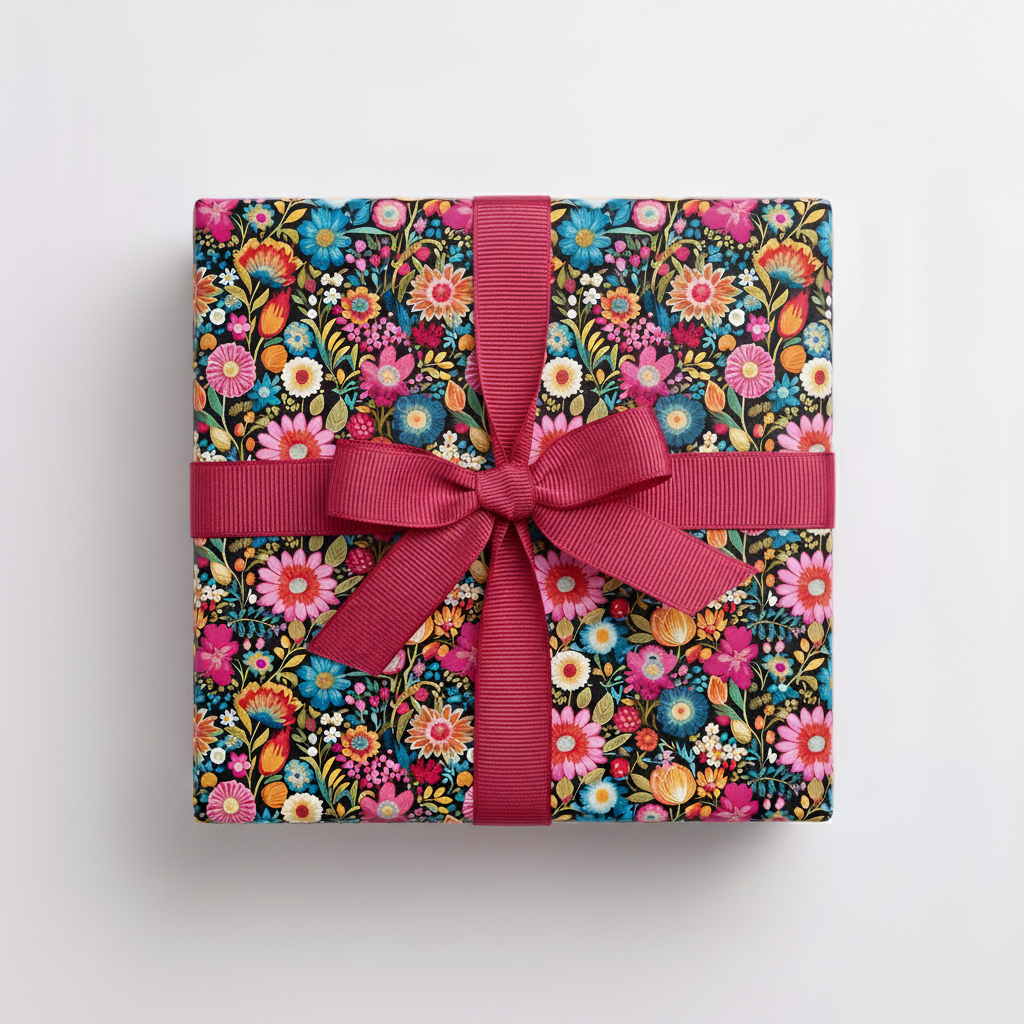 Square gift wrapped in vibrant floral wrapping paper with a dark red ribbon bow.