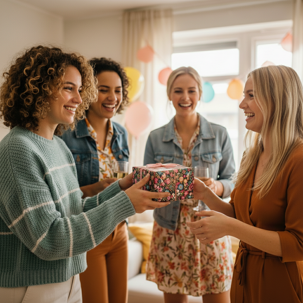 Woman exchanging a gift wrapped in colorful floral birthday wrapping paper with pink ribbon.