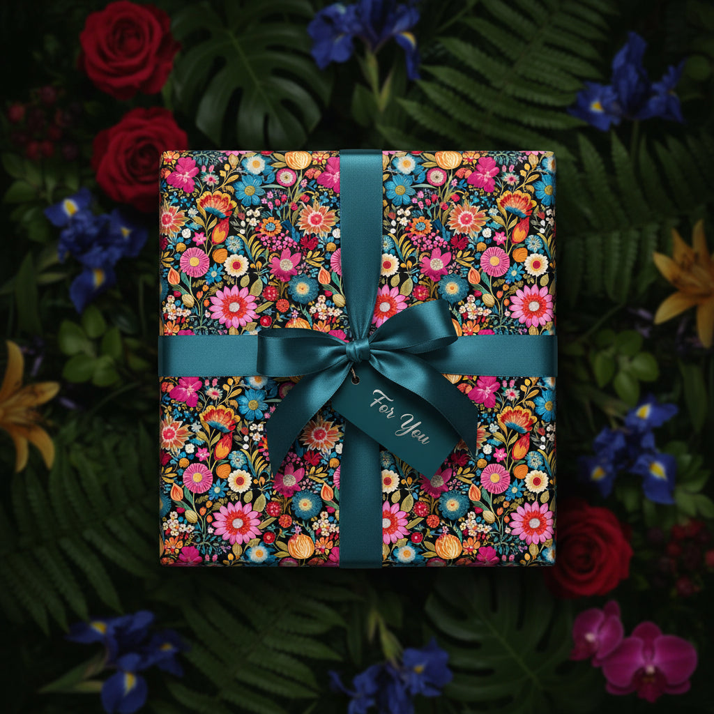 Square gift box wrapped in colorful floral wrapping paper with teal ribbon and "For You" tag.
