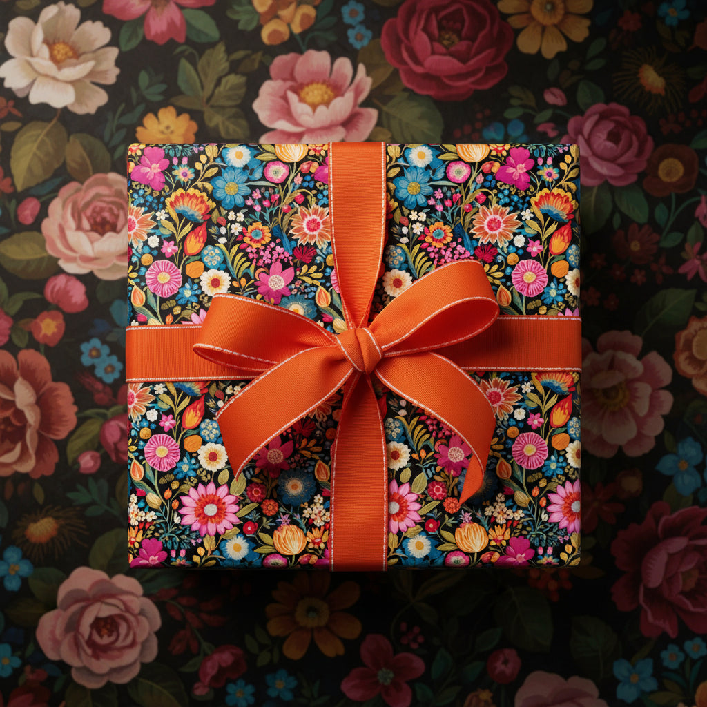 Floral wrapping paper on gift box with orange ribbon and bow against matching floral background.