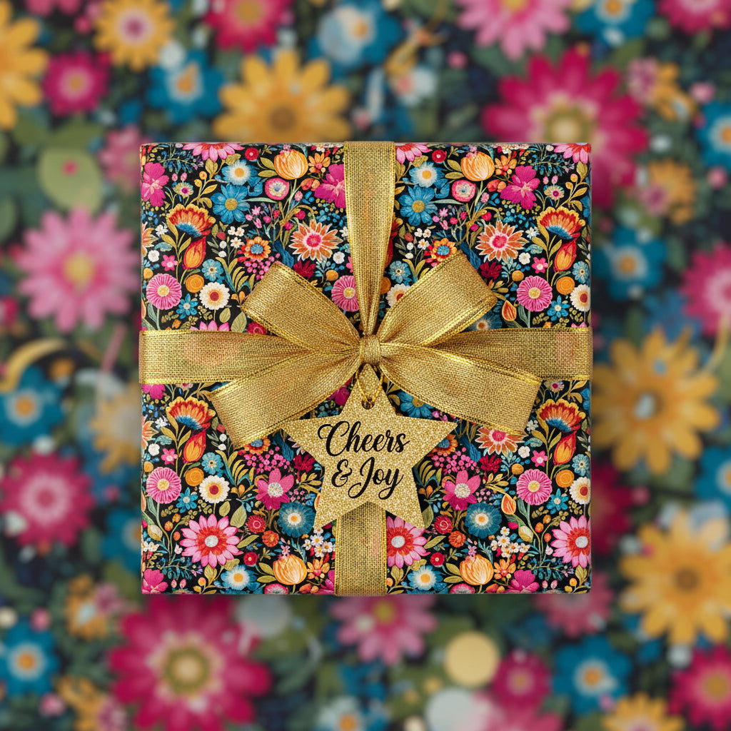 Square gift wrapped in colorful floral wrapping paper with gold ribbon and "Cheers & Joy" tag.