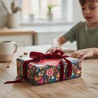 Happy Day! Gift wrapped in floral wrapping paper, tied with a velvet burgundy ribbon.