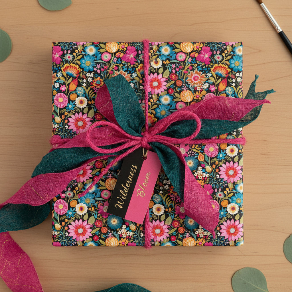 Square gift wrapped in colorful floral wrapping paper with pink and teal ribbon.