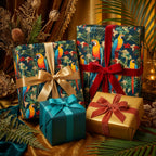 Gifts wrapped in tropical parrot wrapping paper with velvet ribbon. Luxurious gift wrap by Wrapped Studios.