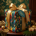 Wrapped Studios luxury gift wrap: square box in tropical parrot pattern with gold ribbon bow.