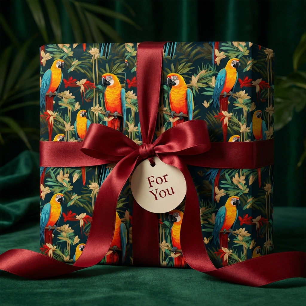 Gift wrapped in parrot-themed birthday wrapping paper with burgundy ribbon.