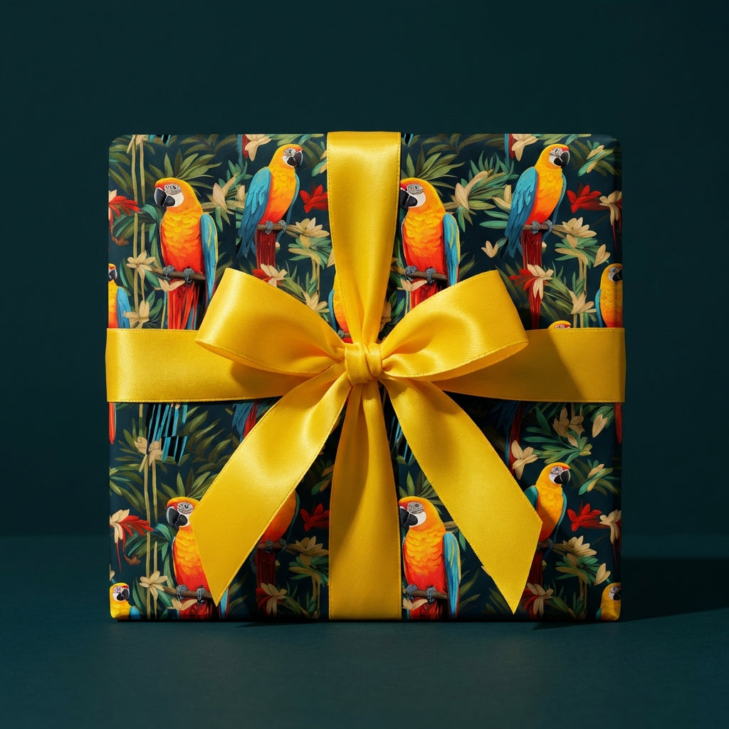 Gift wrapped in parrot print wrapping paper with a yellow ribbon.