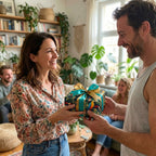 Woman giving tropical floral gift wrap with turquoise & gold ribbon from Wrapped Studios.