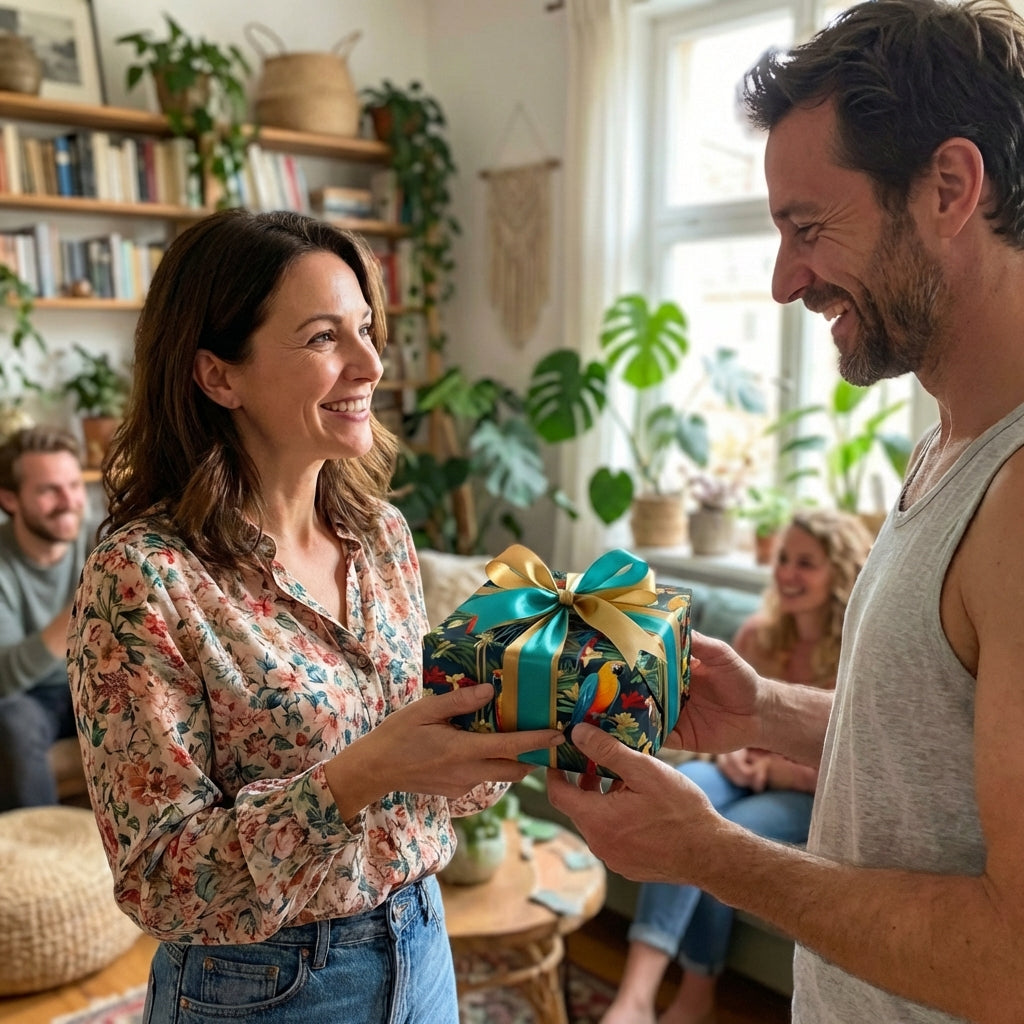 Woman giving tropical floral gift wrap with turquoise & gold ribbon from Wrapped Studios.