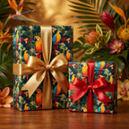 Tropical parrot gift wrap. Elegant gold and red satin ribbon.
