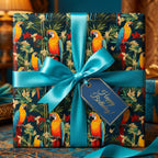 Tropical "Happy Birthday!" gift wrapped in parrot patterned paper with a turquoise ribbon bow.