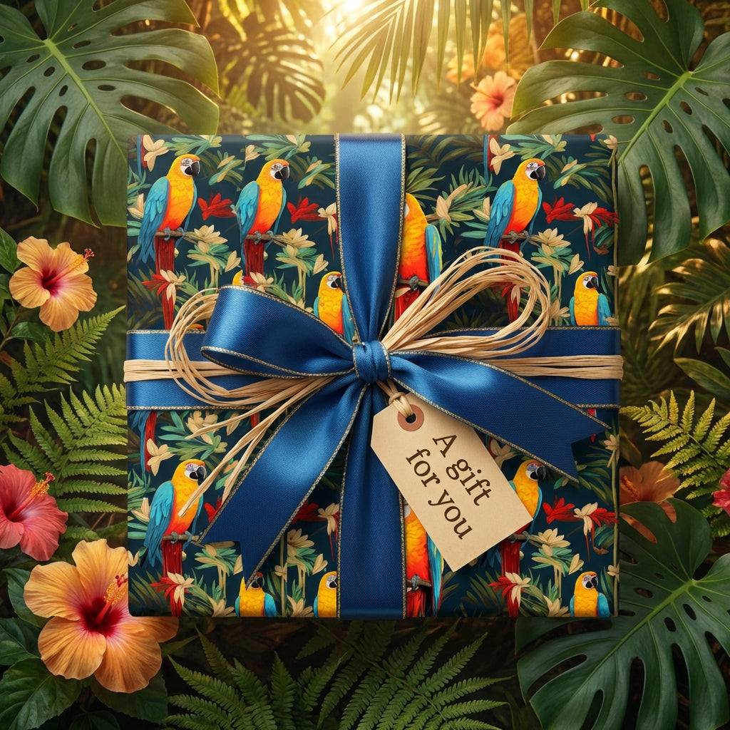 Tropical macaw wrapping paper with a blue satin ribbon bow and a "gift for you" tag.