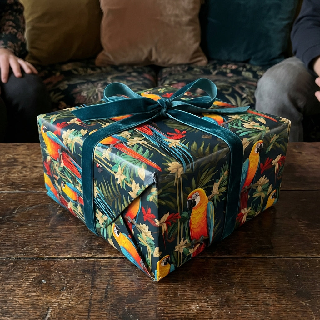 Gift wrapped in tropical parrot print wrapping paper with emerald velvet ribbon bow.