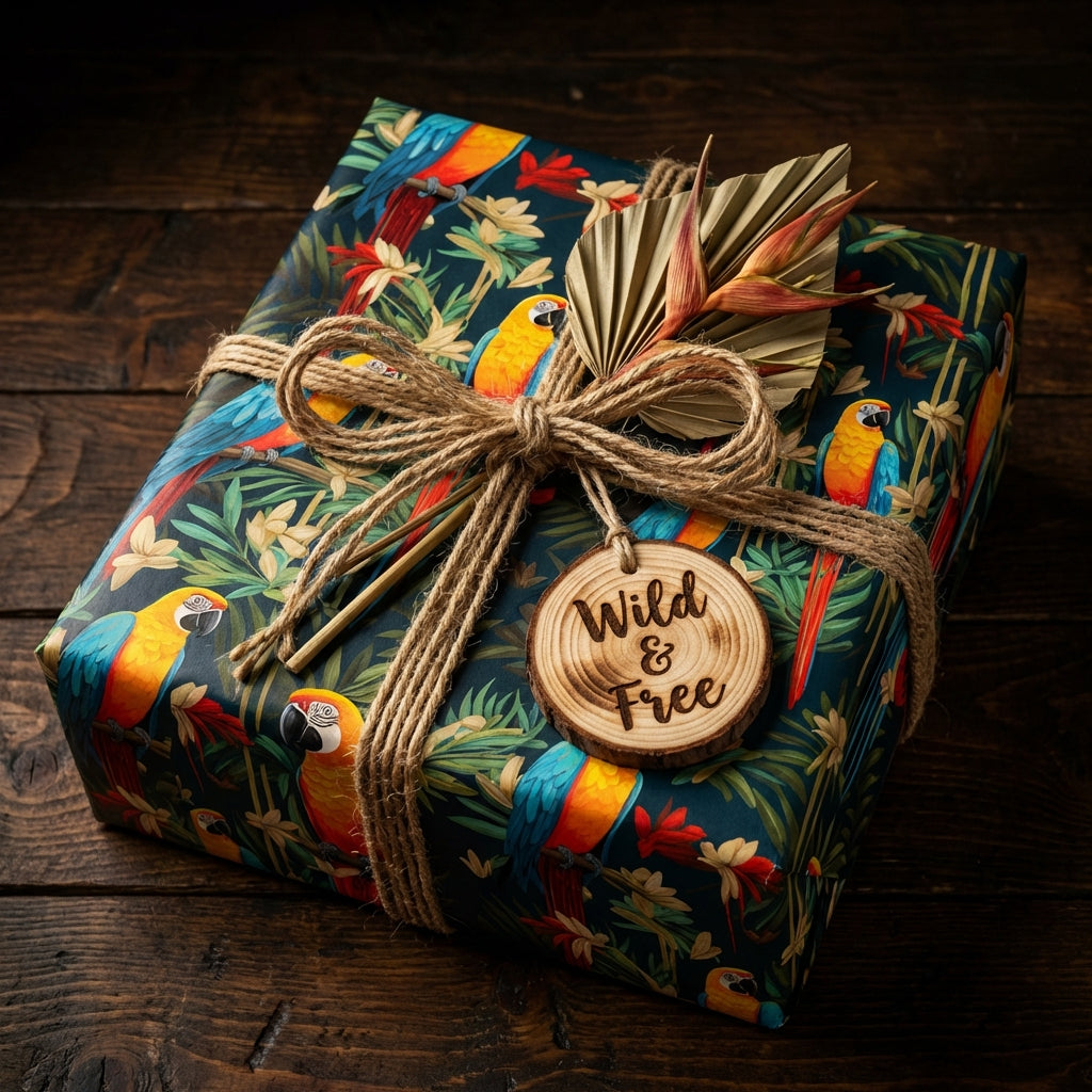 Tropical gift wrap featuring colorful parrots, tied with jute twine and a "Wild & Free" tag.