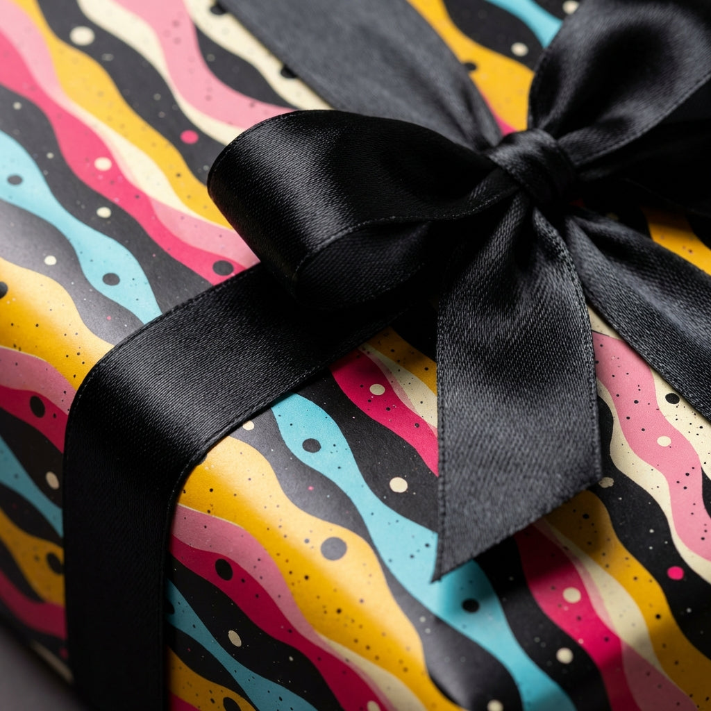 Abstract wrapping paper with black ribbon, Wrapped Studios luxury gift wrap.