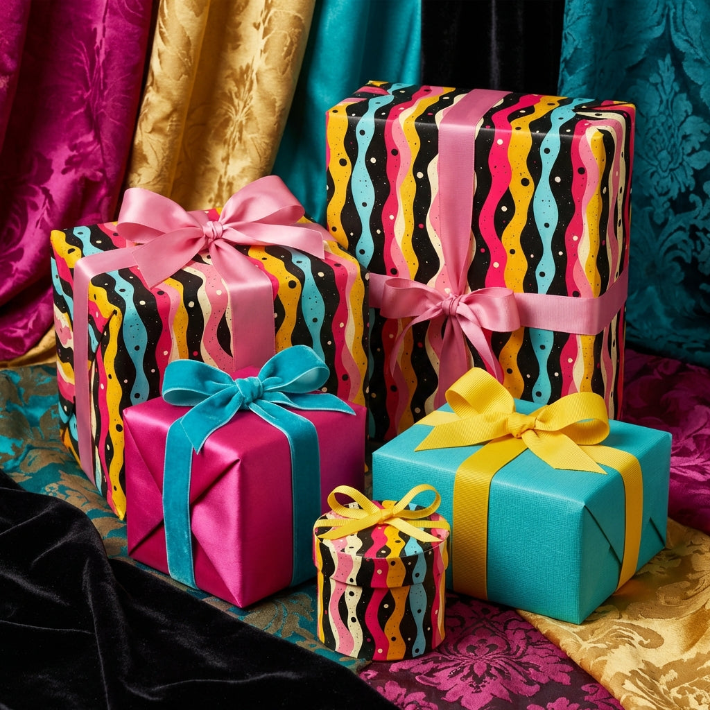 Colorful gift wrap from Wrapped Studios: modern patterned birthday wrapping paper with pink, teal, and yellow ribbons.