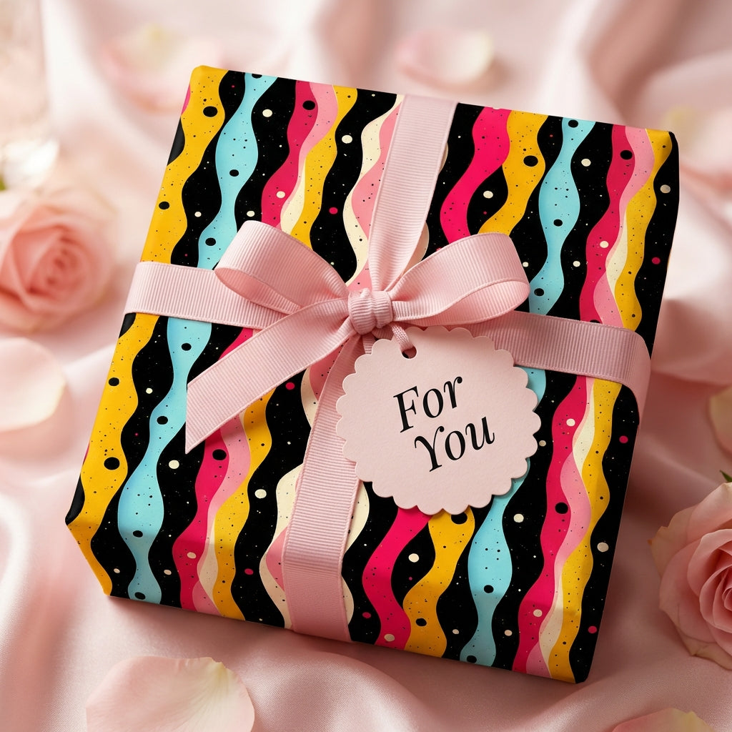 Bright gift wrap with pink ribbon, "For You" tag. Modern birthday wrapping paper or luxury gift wrap.