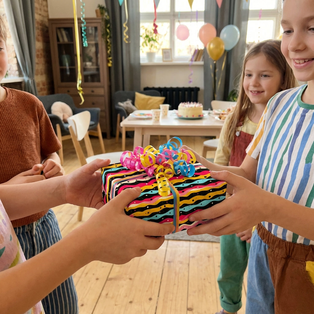 Giving a gift wrapped in colorful birthday wrapping paper with a bright, playful ribbon at a party.