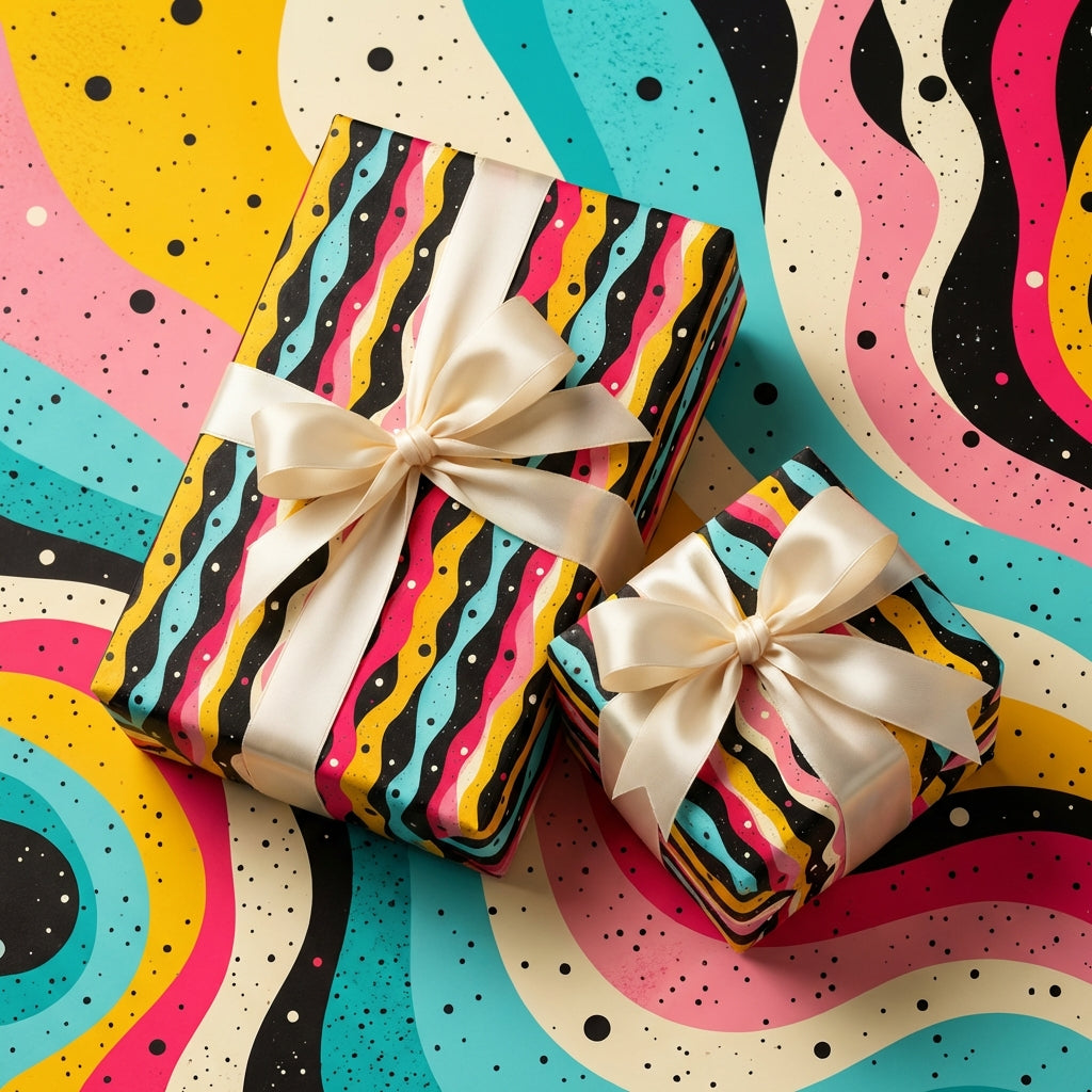 Abstract wrapping paper with bright wavy colors and satin ribbon. Wrapped Studios.