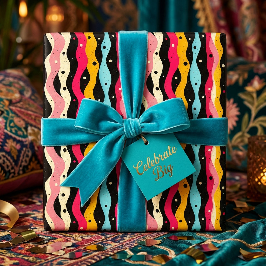 Square gift wrapped in colorful, retro-patterned birthday wrapping paper with a teal velvet ribbon and "Celebrate Big" tag.