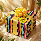 Colorful wave pattern gift wrapped with bright yellow ribbon & bow. "Shine On" tag.