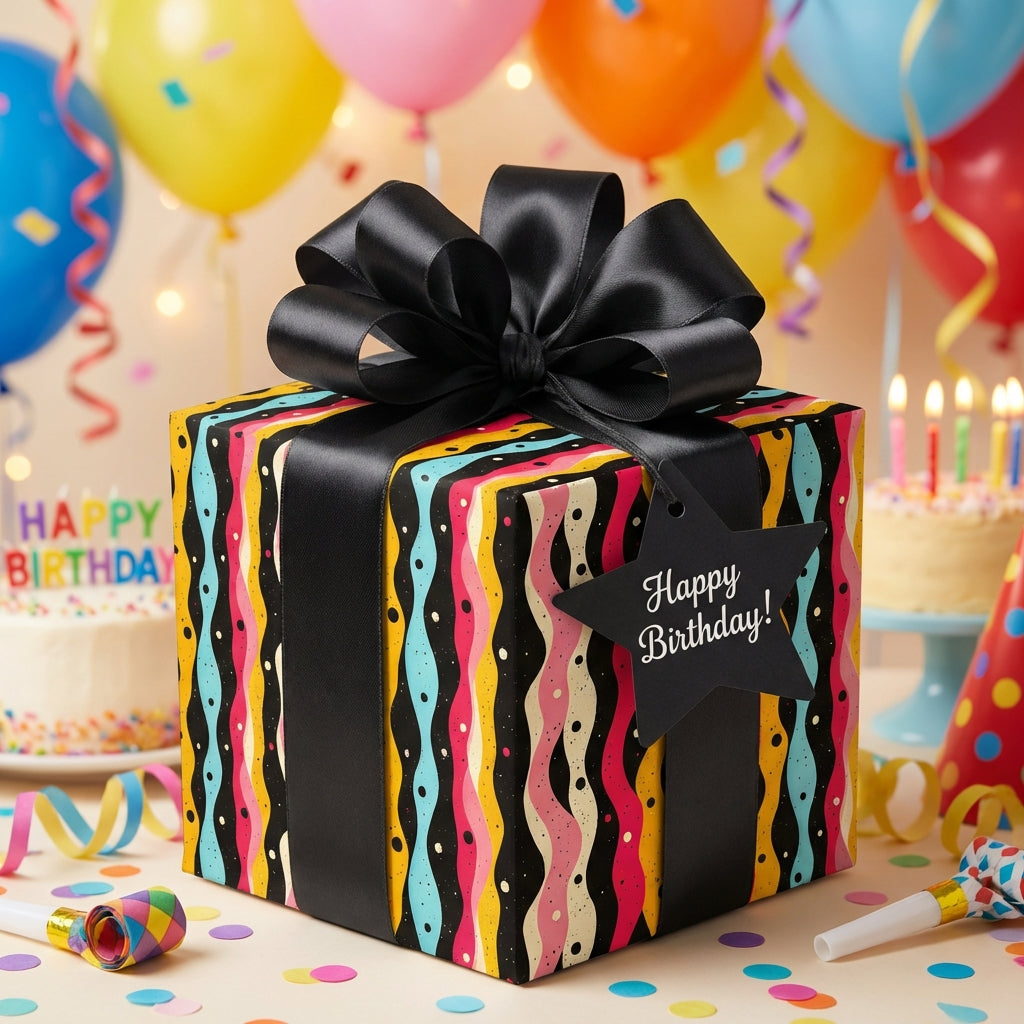 Fun birthday wrapping paper featuring colorful stripes and a black satin ribbon.