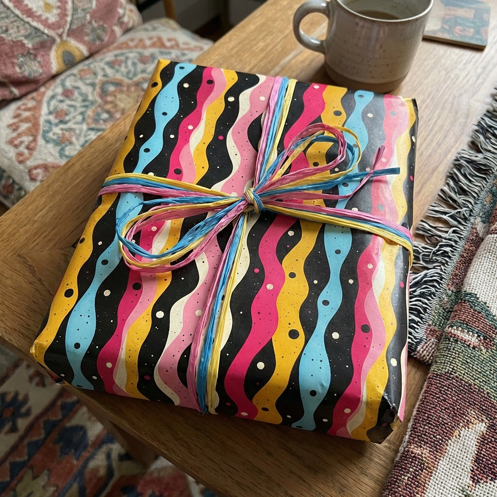 Funky gift wrap with wavy black, pink, blue, and yellow stripes tied with a raffia bow.