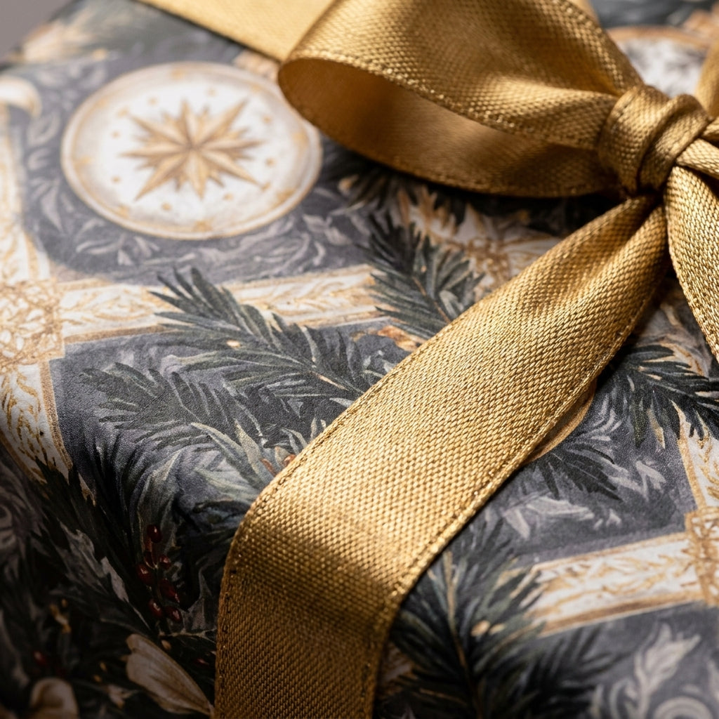 Luxury Christmas wrapping paper with vintage gold star pattern and elegant gold ribbon by Wrapped Studios.