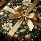 Elegant Christmas gift wrap featuring gold ribbon, poinsettias, holly leaves and ornaments.