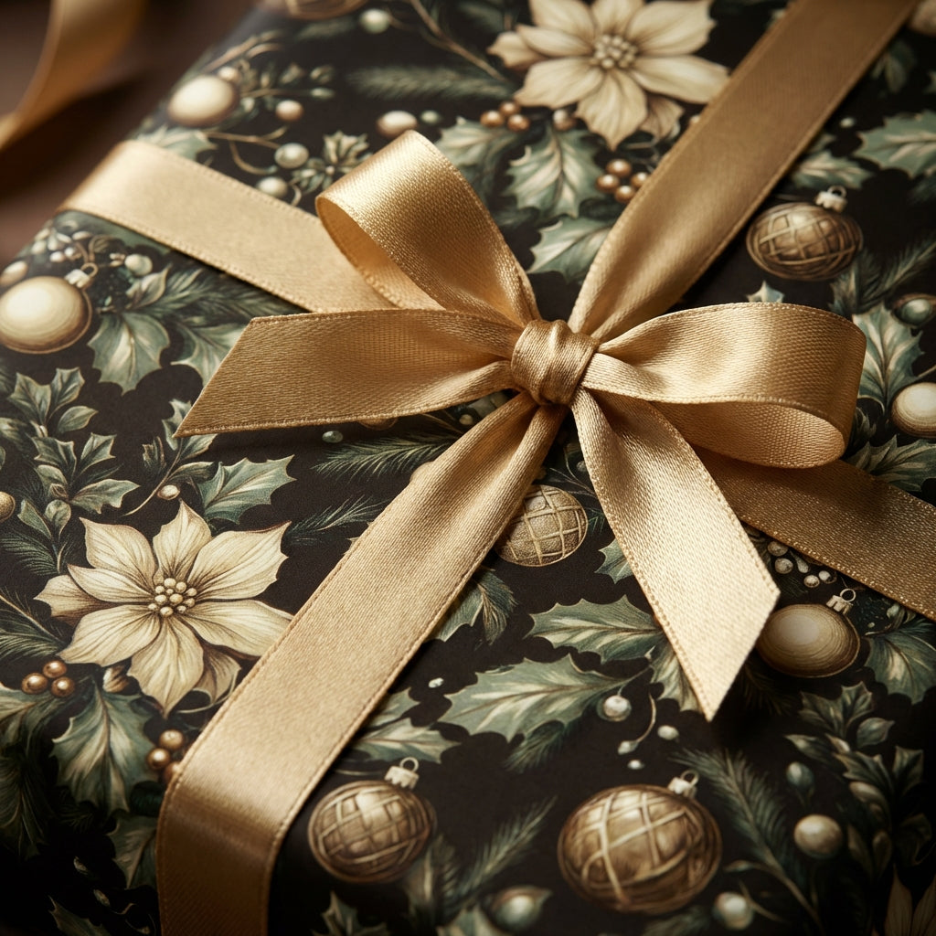 Elegant Christmas gift wrap featuring gold ribbon, poinsettias, holly leaves and ornaments.