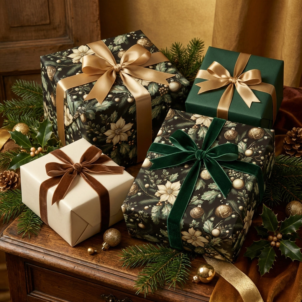 Elegant Christmas gift wrap with floral pattern and velvet ribbon. Festive holiday presents on wood table.