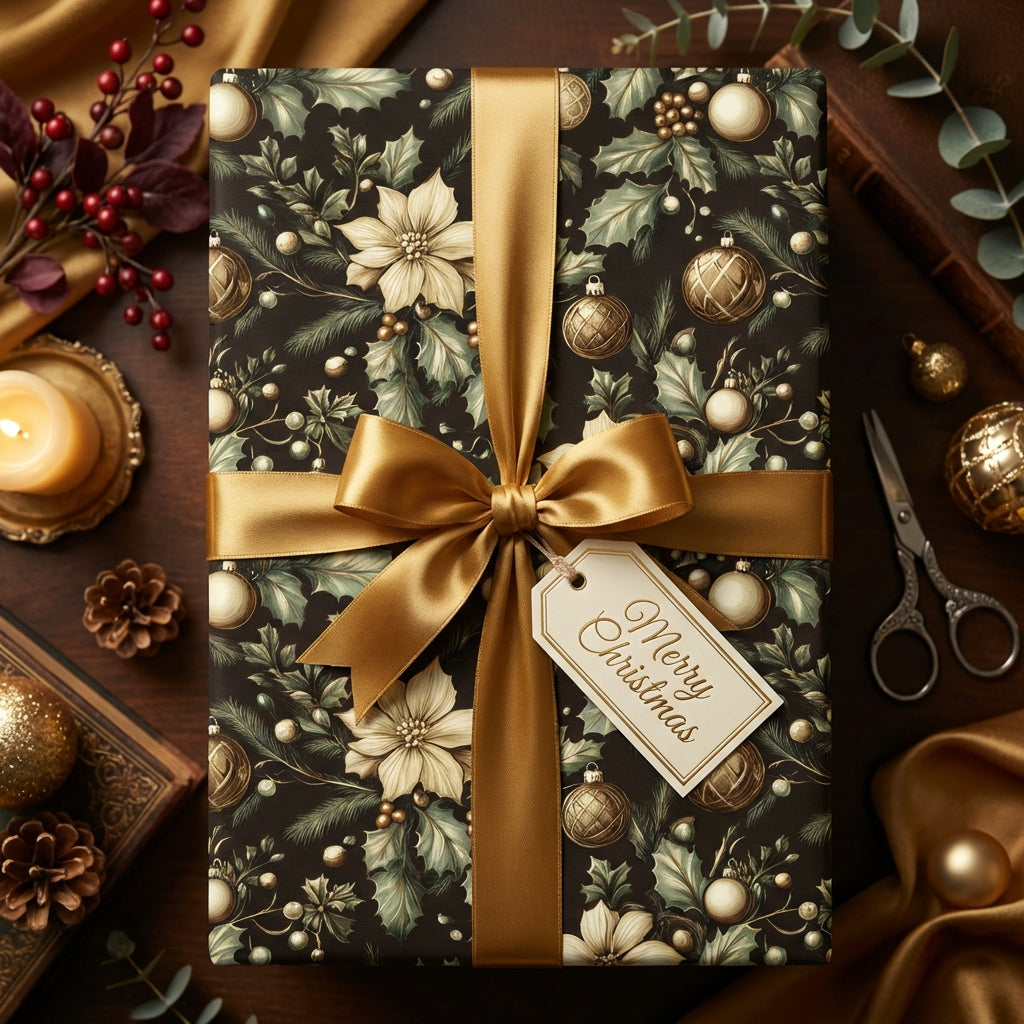 Elegant Christmas gift wrap with floral poinsettia pattern and gold ribbon.