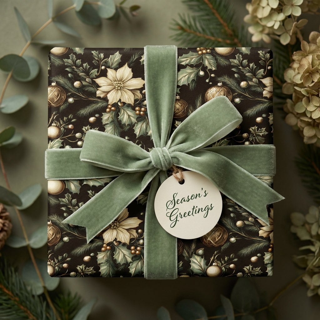 Elegant Christmas gift wrapped in floral paper with a velvet sage green ribbon and "Season's Greetings" tag.