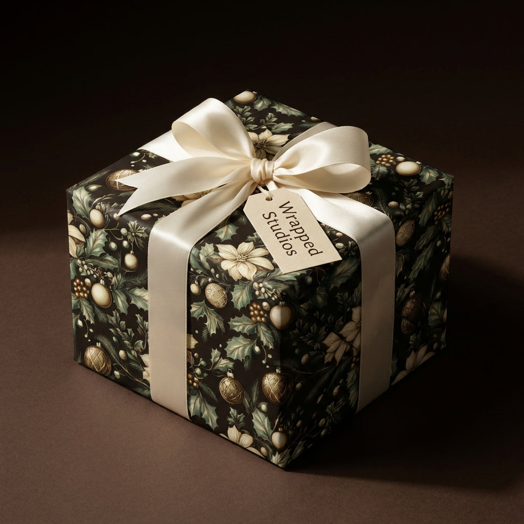 Elegant Christmas gift wrap with floral ornaments and a satin ribbon bow from Wrapped Studios.