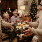 Giving gifts wrapped in Wrapped Studios dark floral Christmas wrapping paper with gold ribbon.