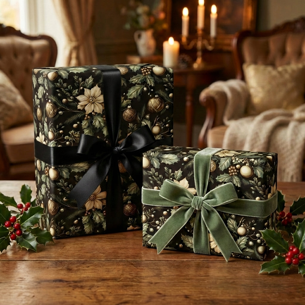 Wrapped Studios luxury Christmas gift wrap featuring black floral paper and velvet ribbon bows.